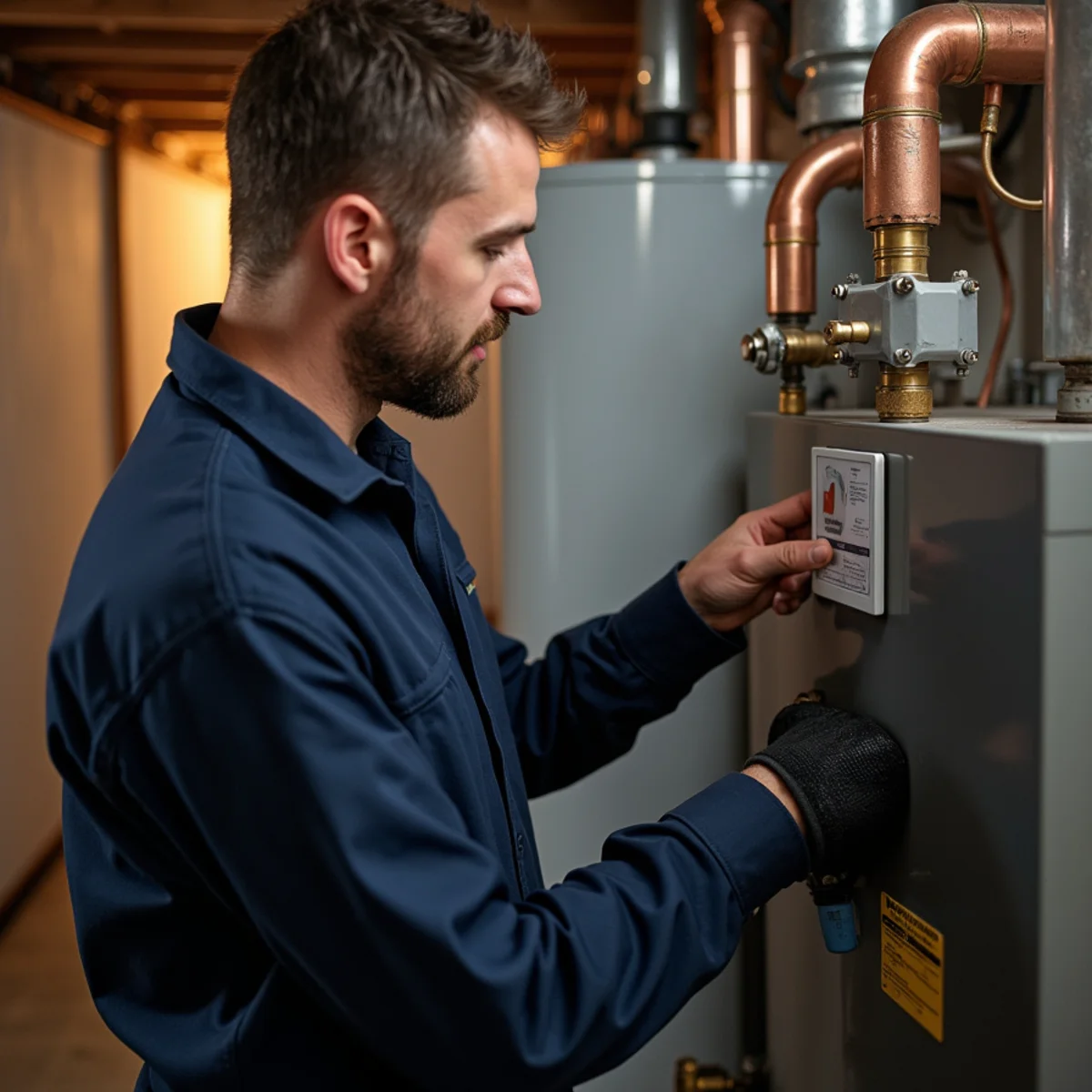 Technician beside a cast-iron boiler with insulated pipes running to radiators in a basement