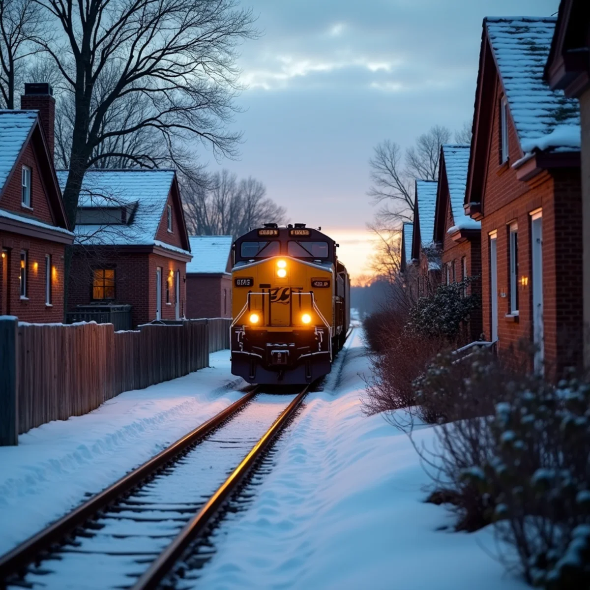 Freight rail line passing behind backyards of brick houses at dusk with first snow on the rooftops