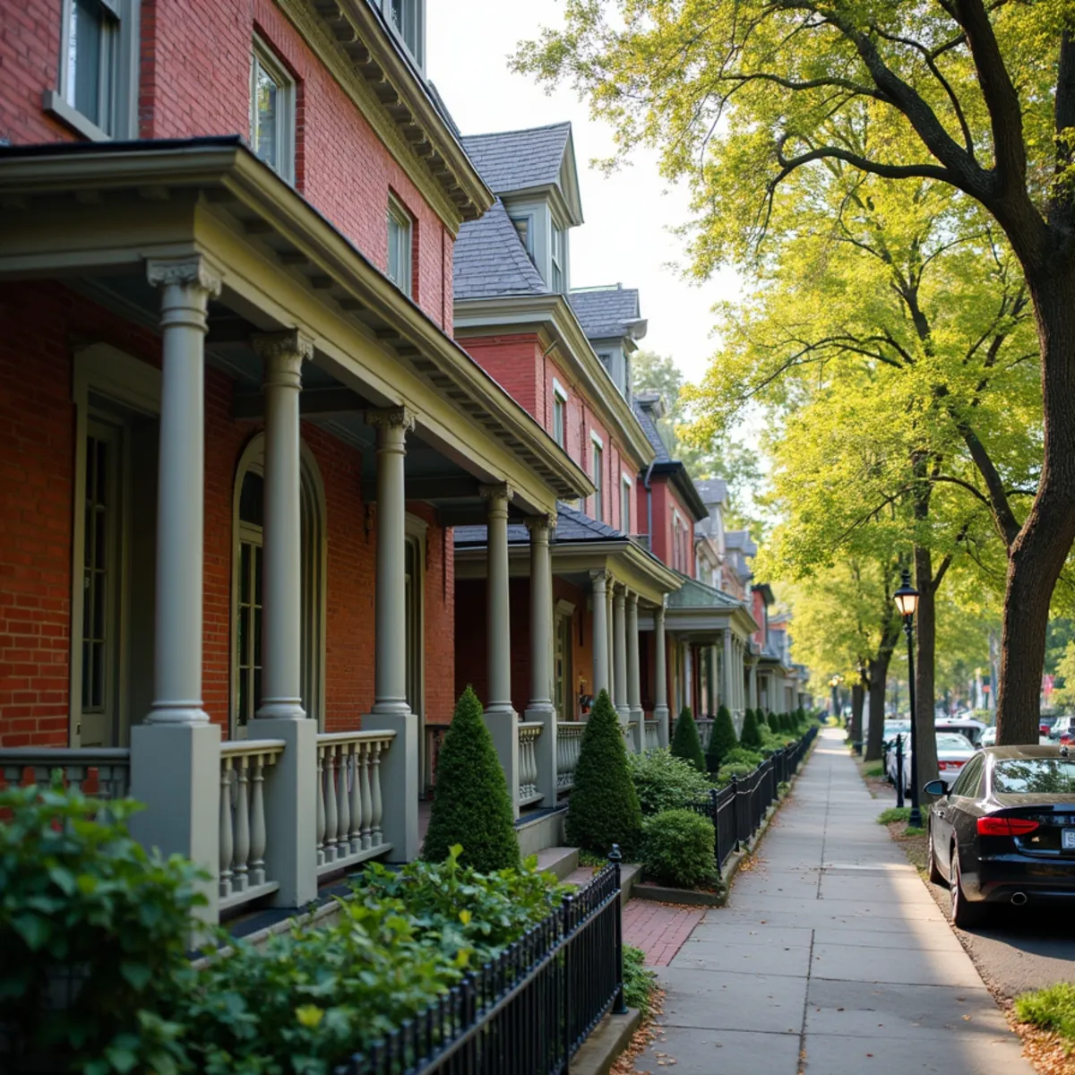 Victorian brick houses in a row along a borough street with front porches