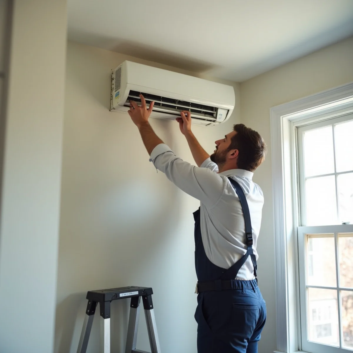 Technician mounting a ductless mini-split indoor unit in an older house bedroom