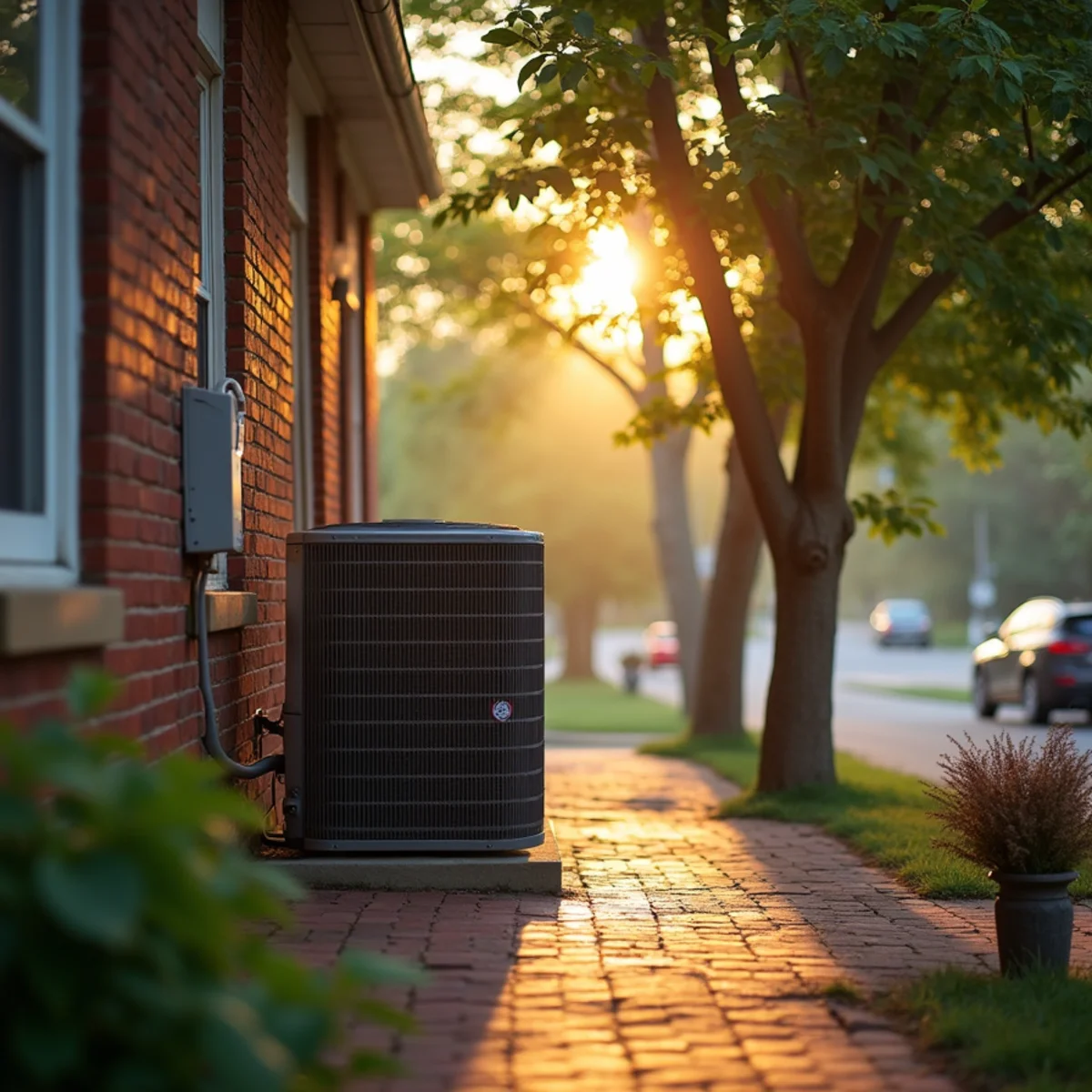 Borough street at dusk in summer with an outdoor condenser beside a brick house