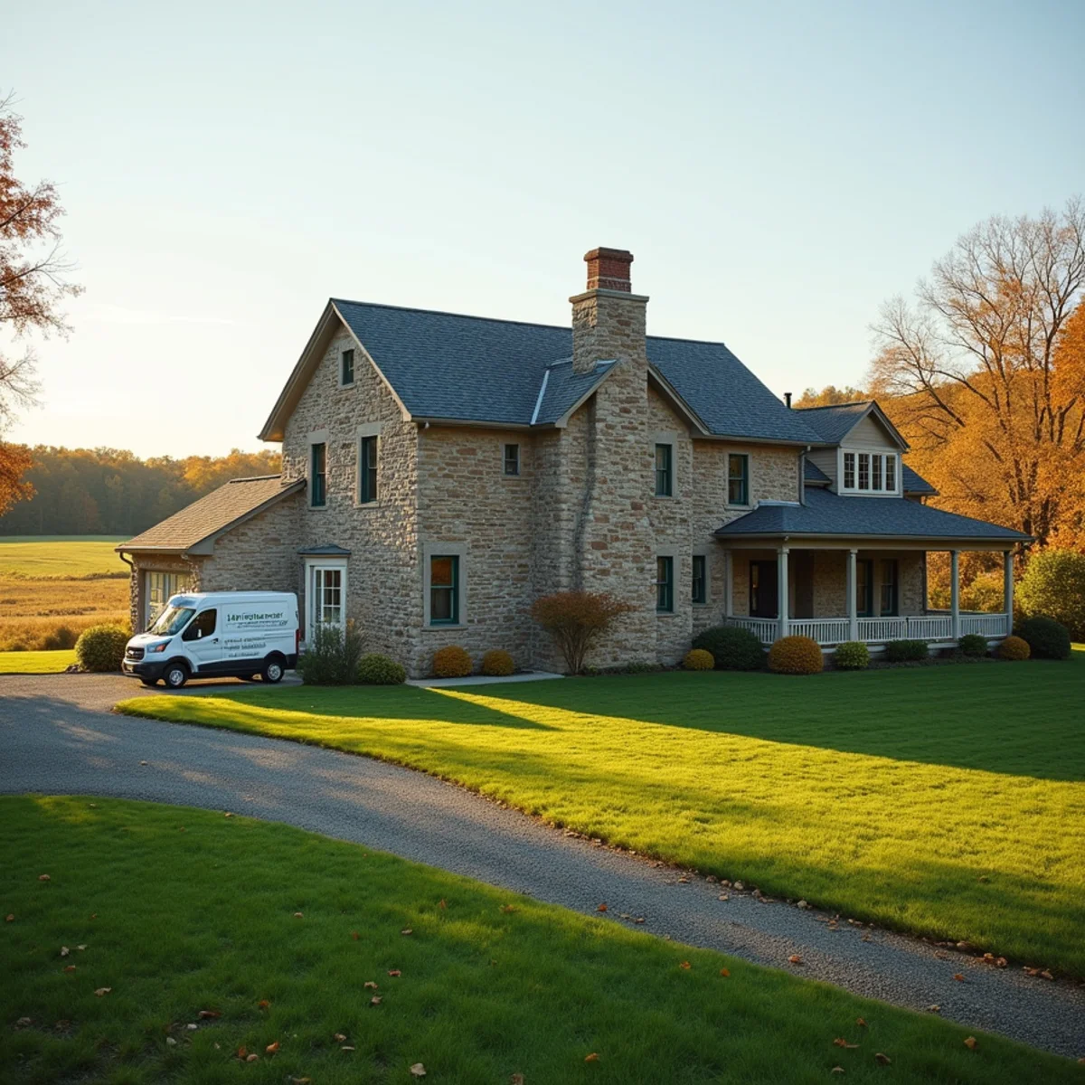 Fieldstone farmhouse with a frame addition and attached garage on a wide rural lot in Bucks County