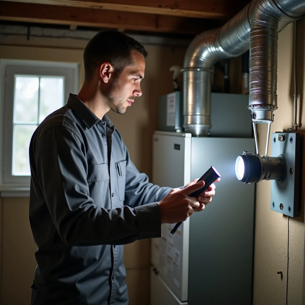 HVAC technician inspecting a zone damper on a supply trunk in a finished basement mechanical room