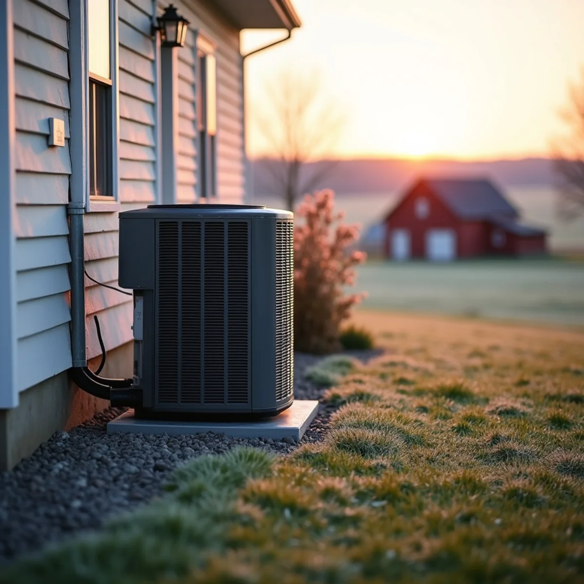 Heat pump outdoor unit with frost on the grass beside a large home, farm field and barn behind