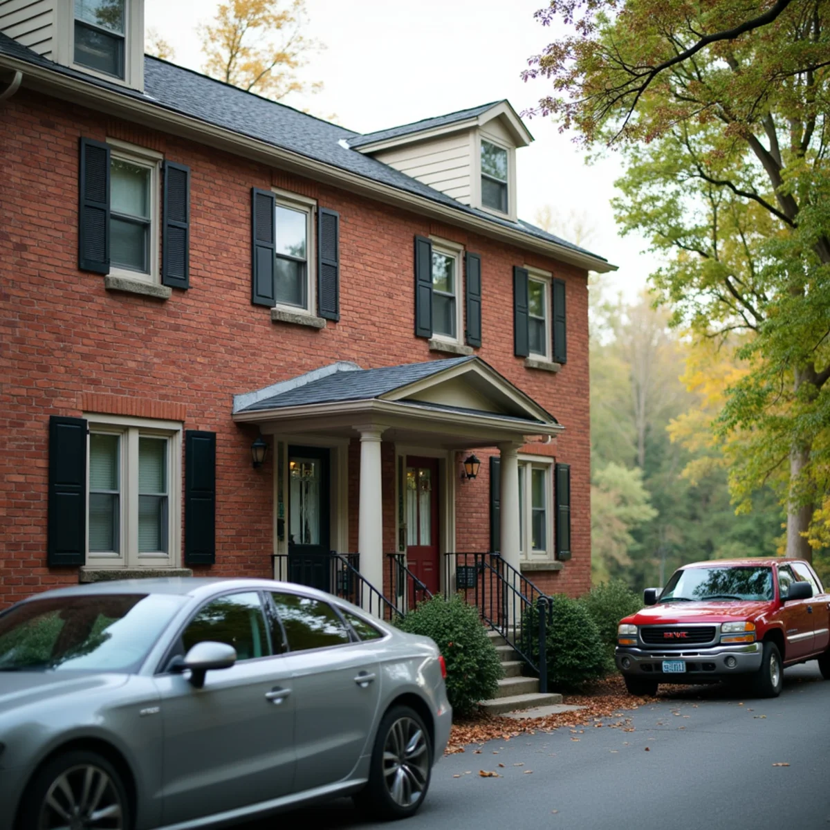Brick twin houses with front porches on a street in an older Pennsylvania river borough