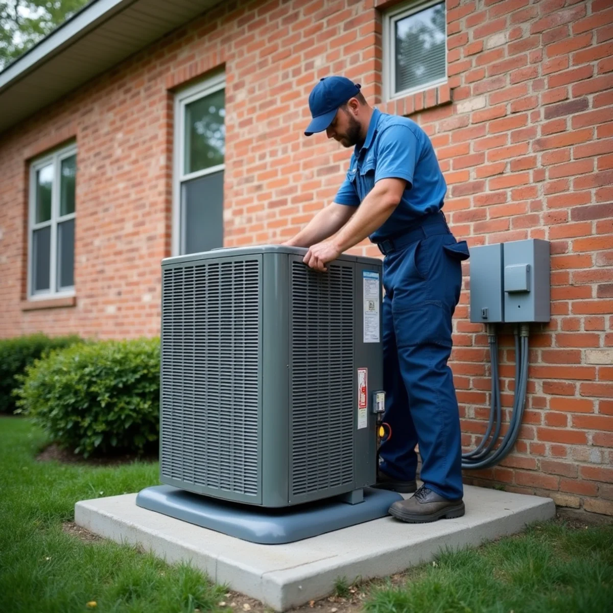 Technician setting an air conditioner condenser on a raised concrete pad beside a brick house