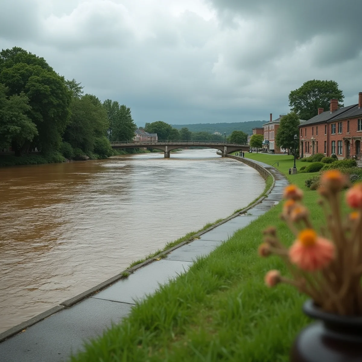 Schuylkill River running high and brown beside a riverside trail after heavy summer rain