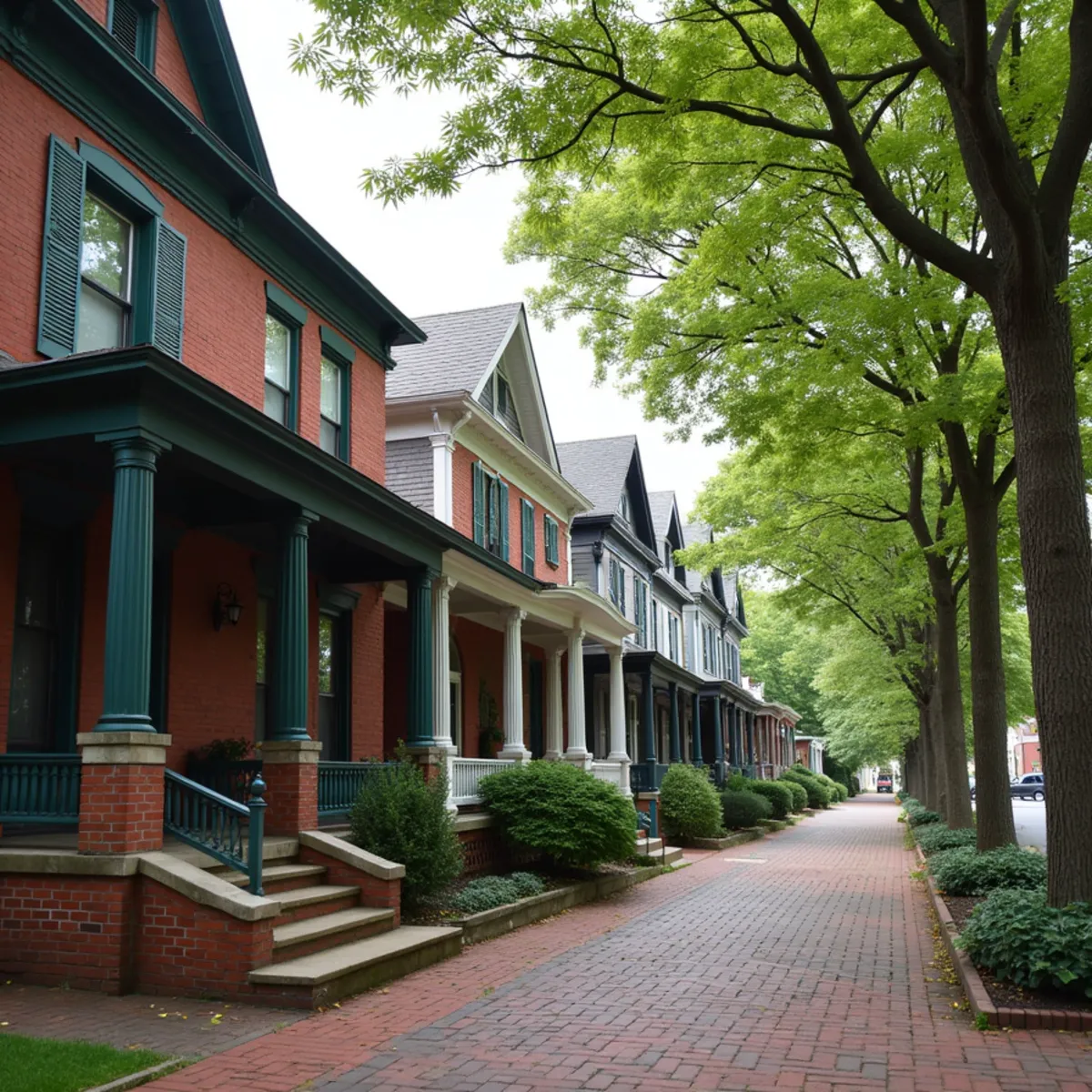 Victorian brick and frame houses with deep porches on a tree-lined small-town Pennsylvania street