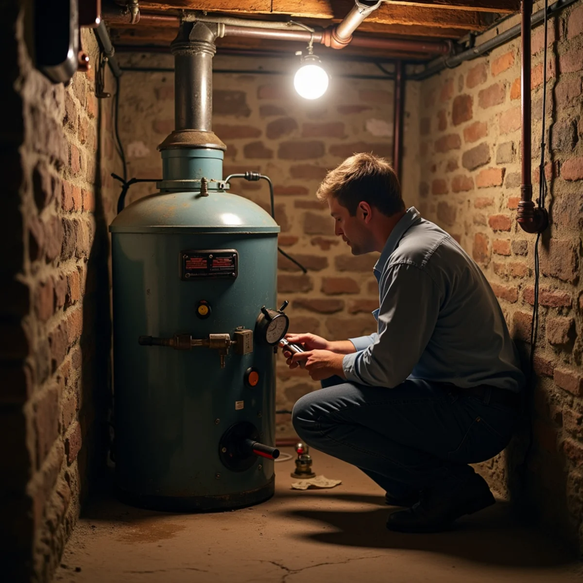 Technician checking a gauge on a cast-iron steam boiler in a low-ceilinged old basement