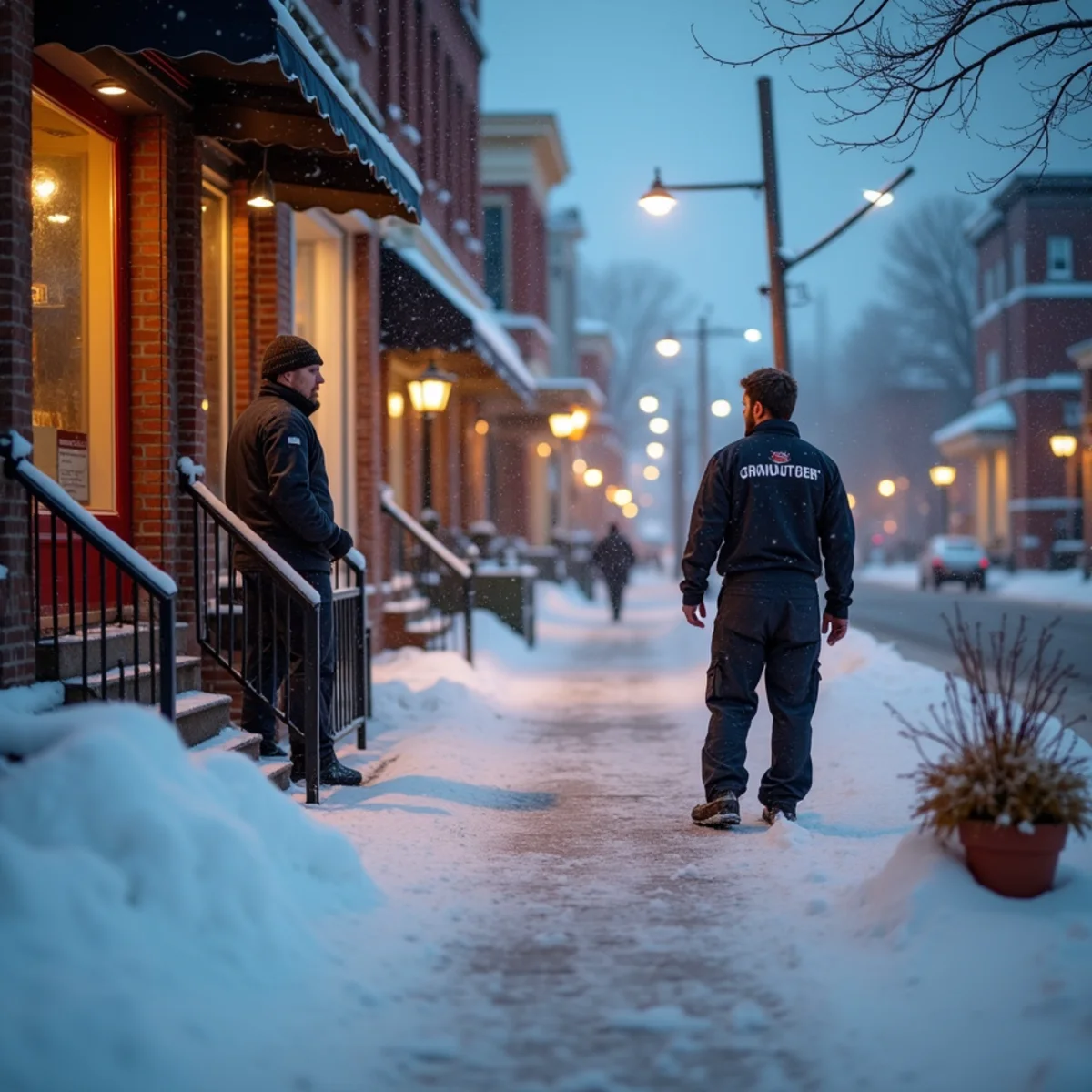 Snow on a small-town main street lined with brick storefronts and Victorian houses at dusk