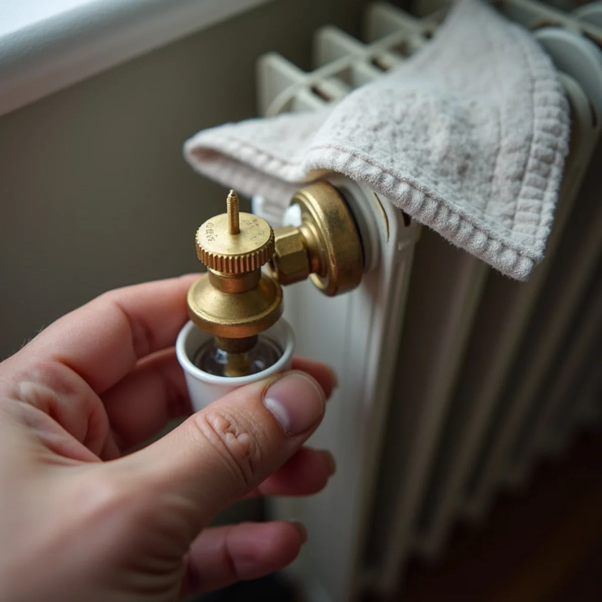 A radiator bleed key and towel at the valve