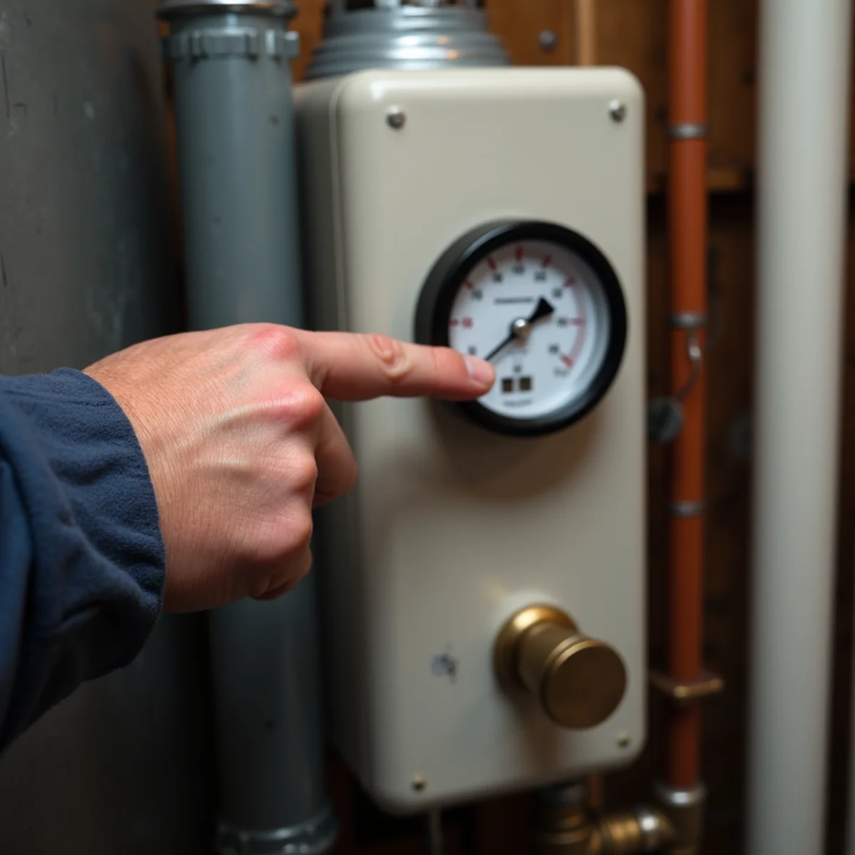 A boiler pressure gauge being checked after bleeding radiators