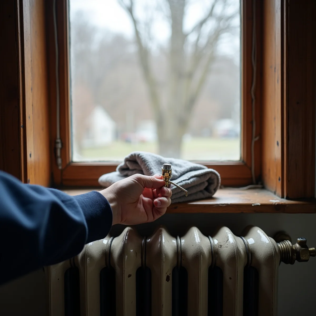Technician working on boiler piping in an older home's basement