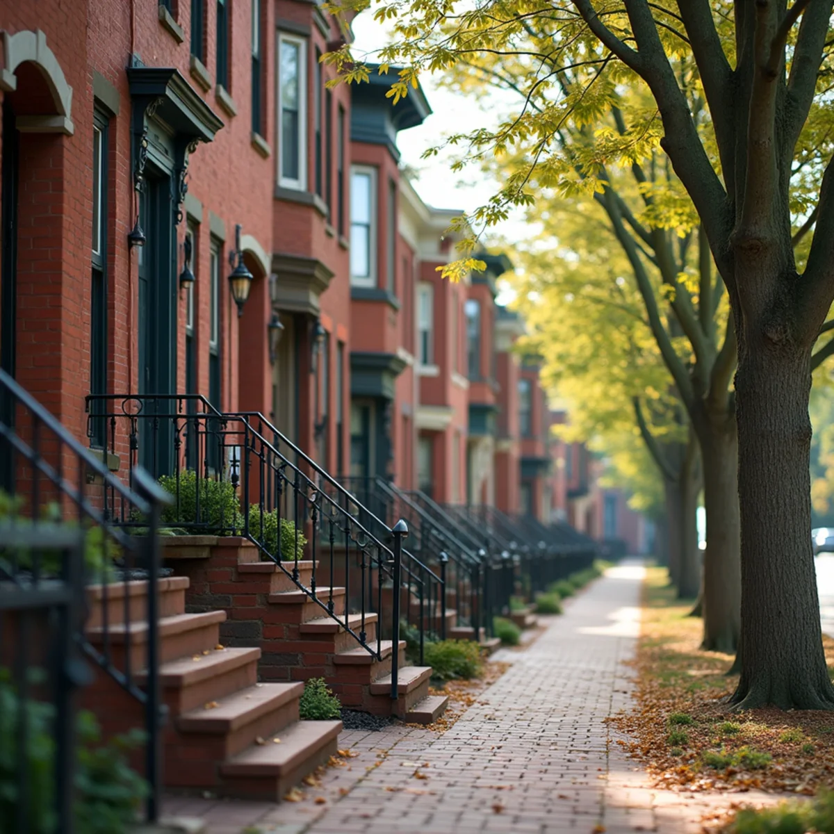 Row of brick Queen Anne style houses with decorative trim along a sidewalk in a small borough