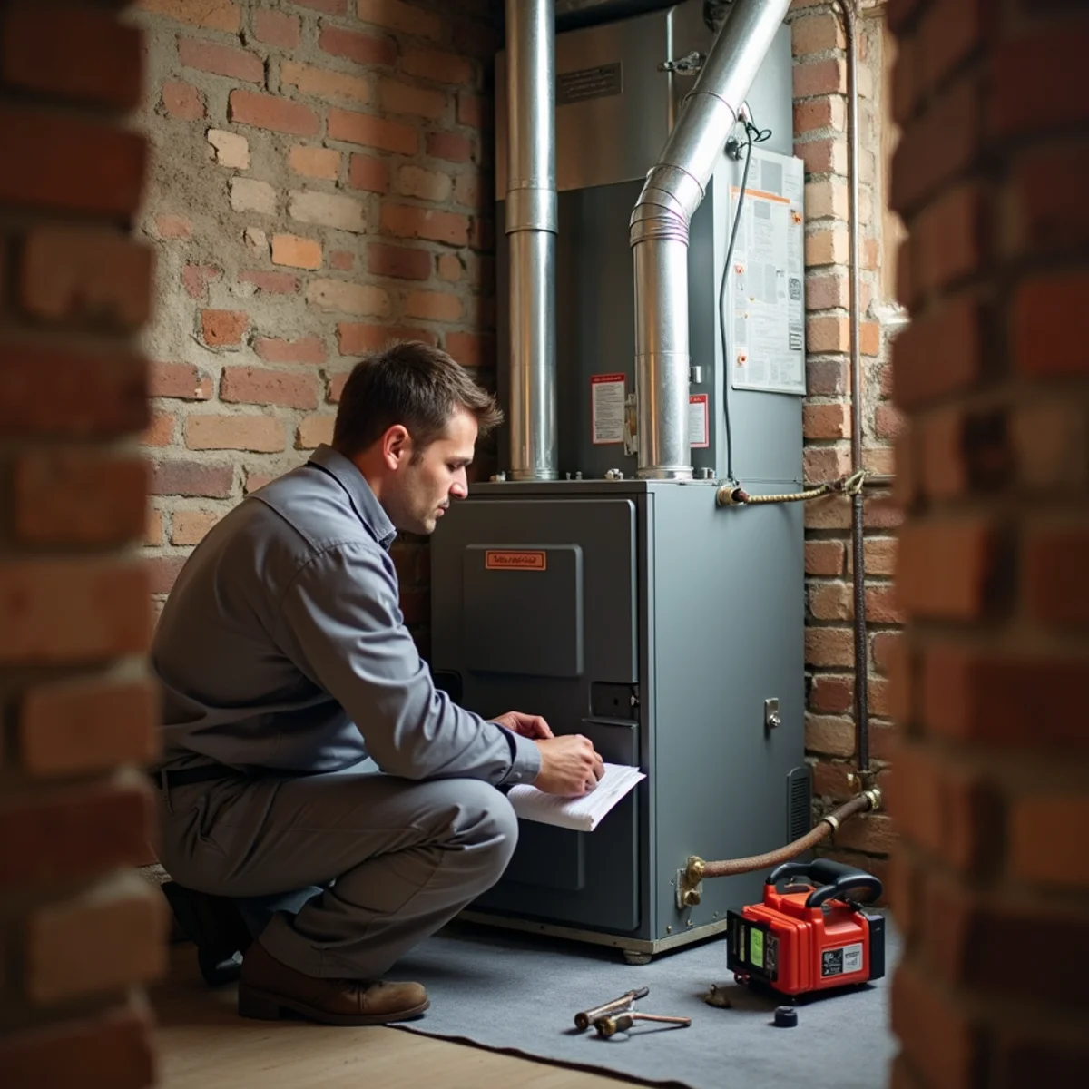 Technician installing a compact furnace in a small basement of an older brick house