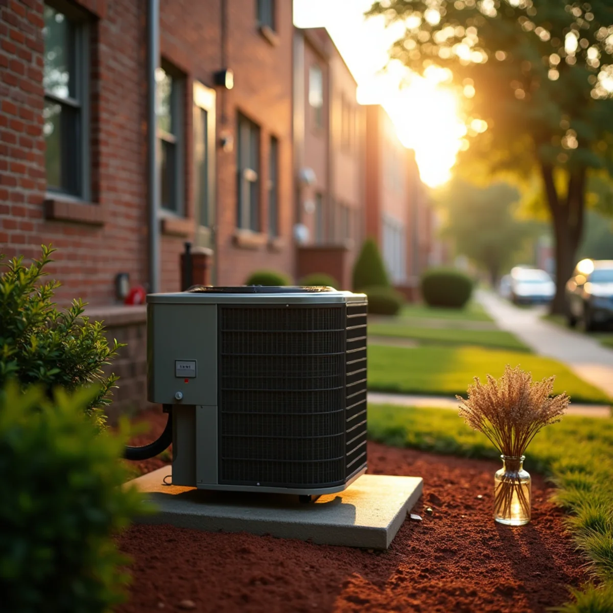 Central AC condenser running beside a brick rowhouse on a humid late-summer evening