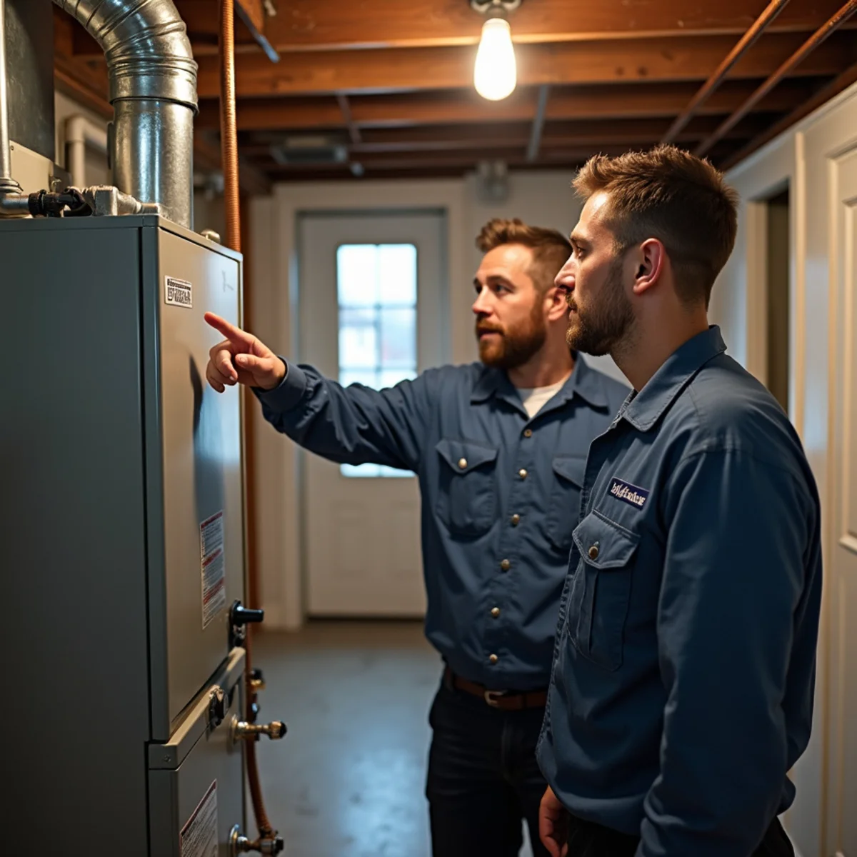 Technician explaining a heating system to a homeowner