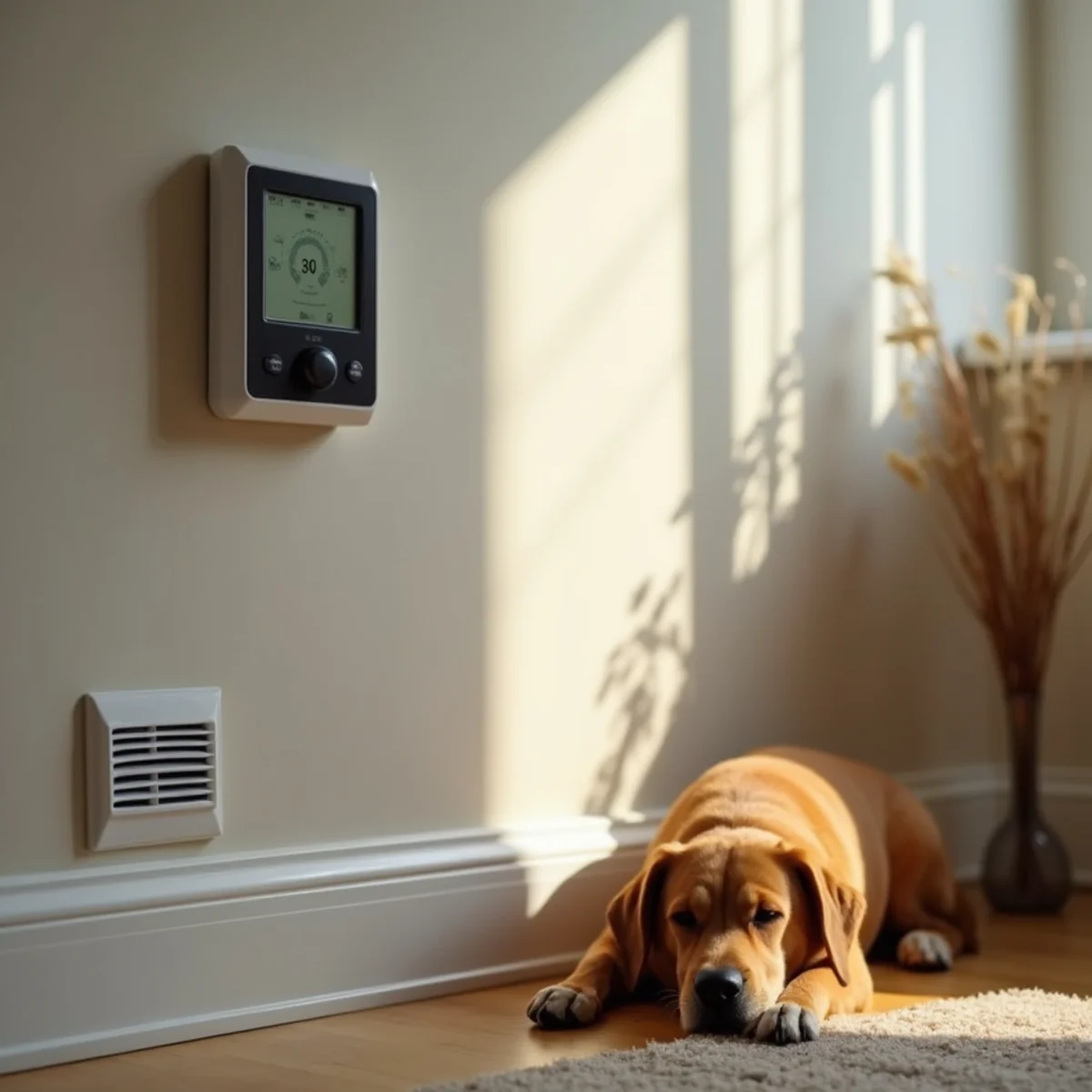 A living room with a thermostat and a floor register