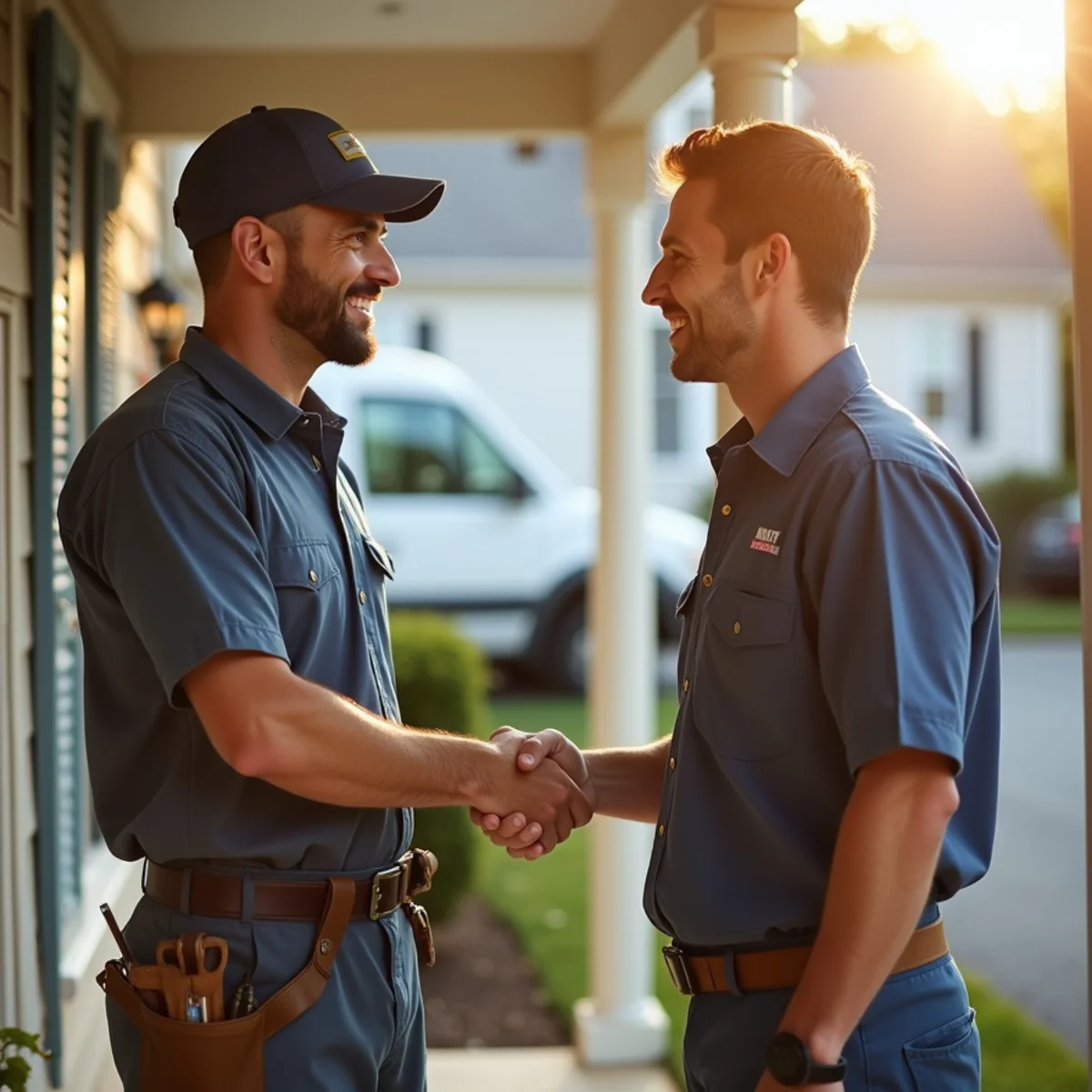 Happy homeowner shaking hands with an HVAC technician after a completed job