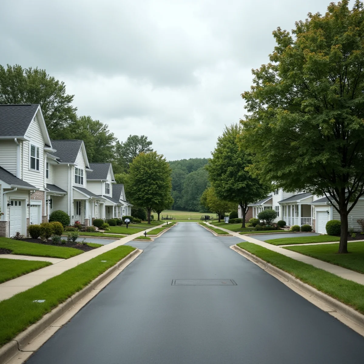 Suburban street of two-story colonial houses with attached garages in Bucks County