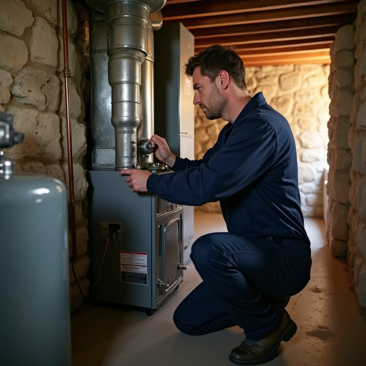 Technician servicing an oil-fired furnace in a farmhouse basement