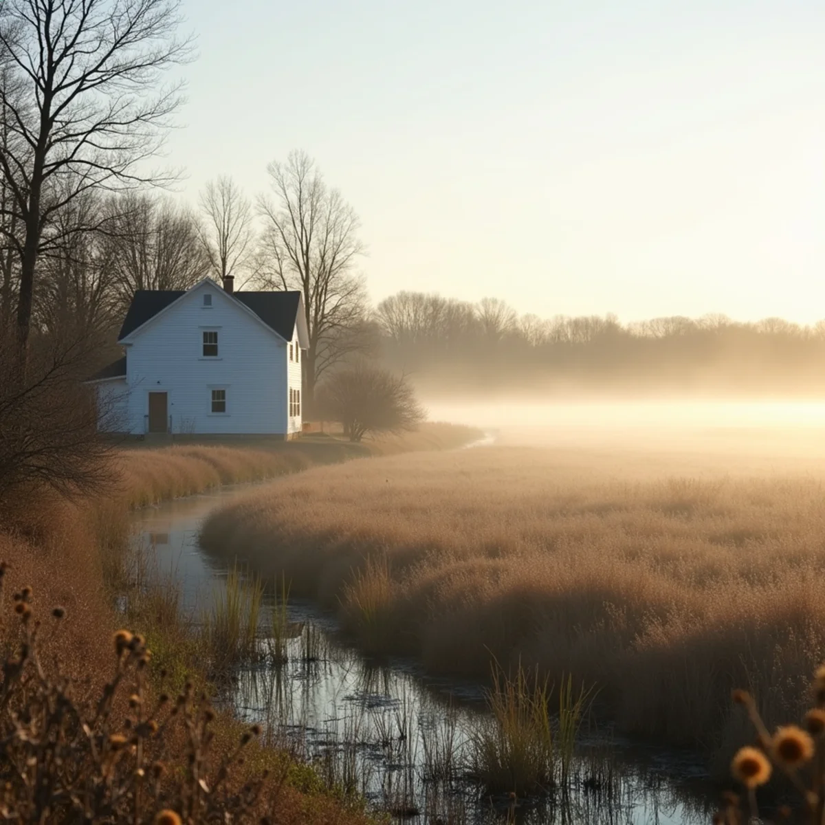 Misty farm field with a wooded wetland edge and a farmhouse in the distance