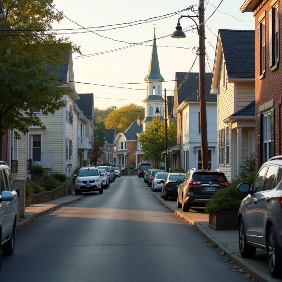 Narrow village street with older stone and frame houses close to the sidewalk