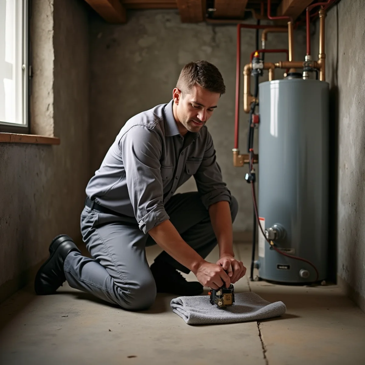 Technician servicing an oil burner in a cramped older basement