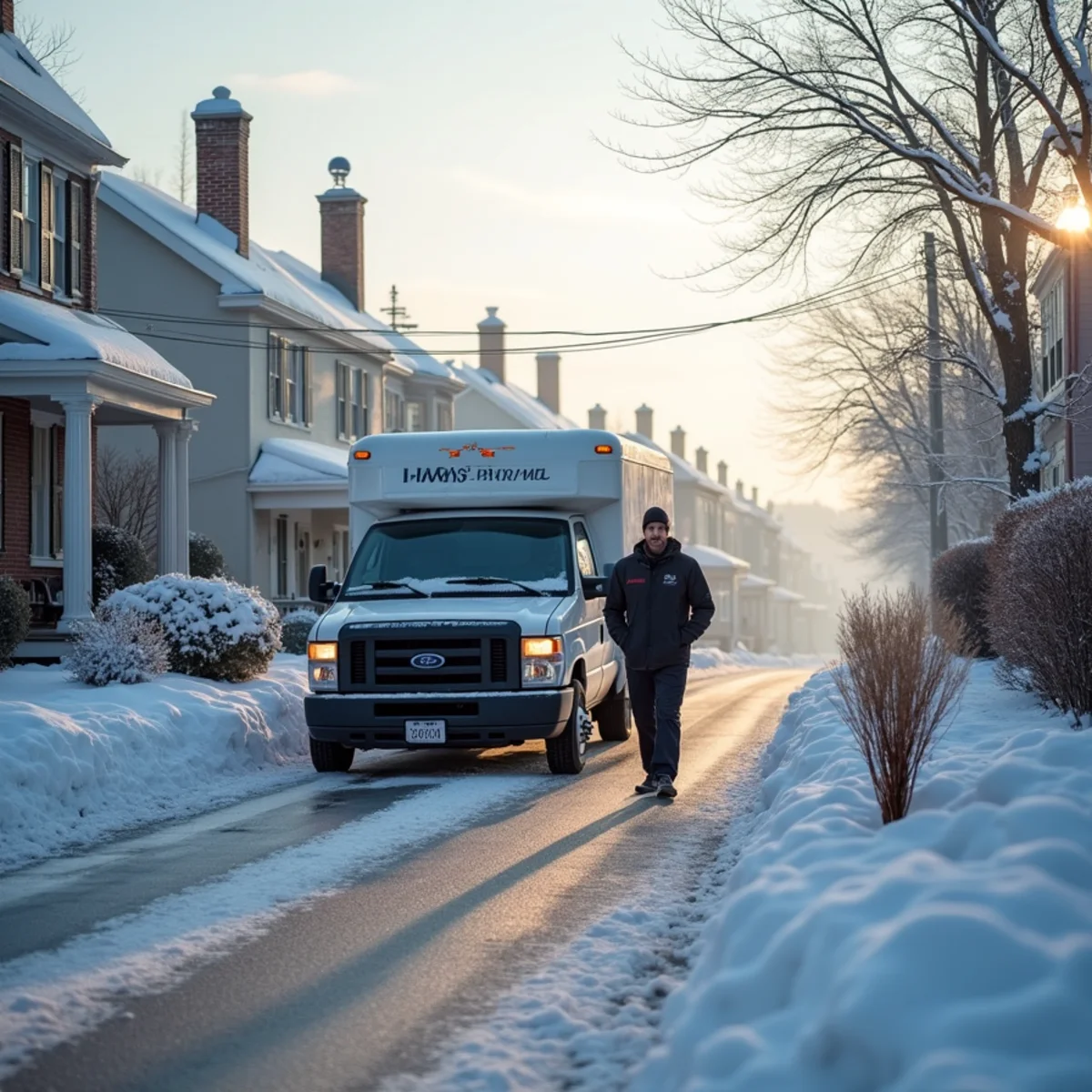 Light snow on a small-town street with chimneys venting in the cold