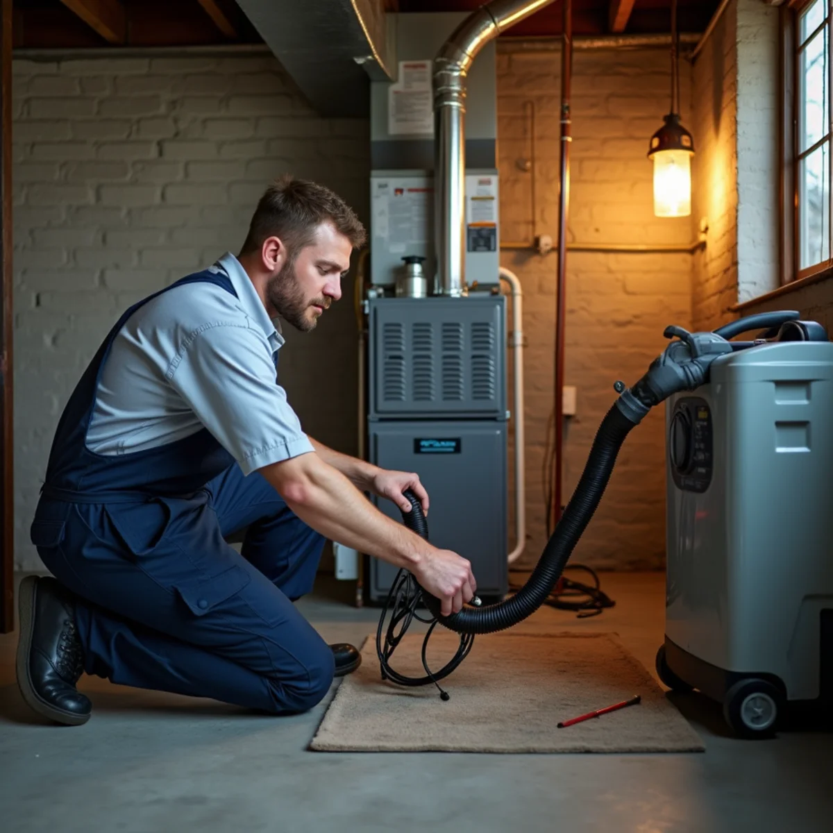 HVAC technician checking a condensate drain line beside an air handler in a block-wall basement