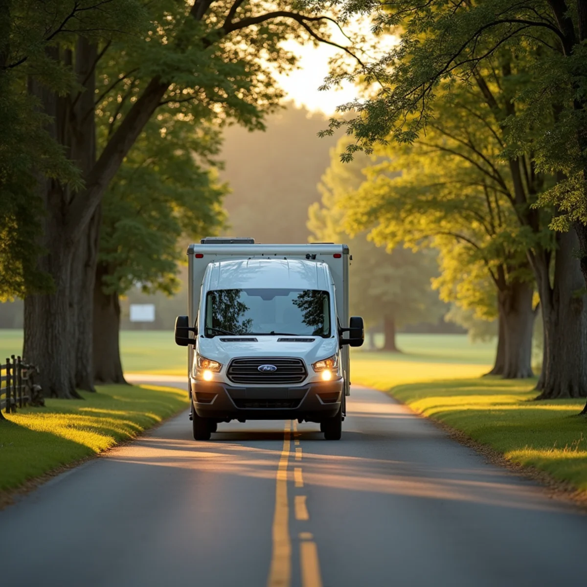 HVAC service van driving through a rural Bucks County, PA road