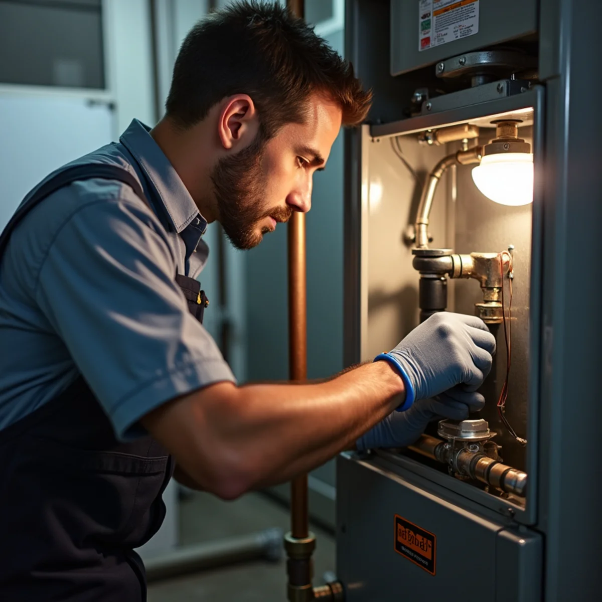 Technician cleaning a flame sensor on a gas furnace in a basement
