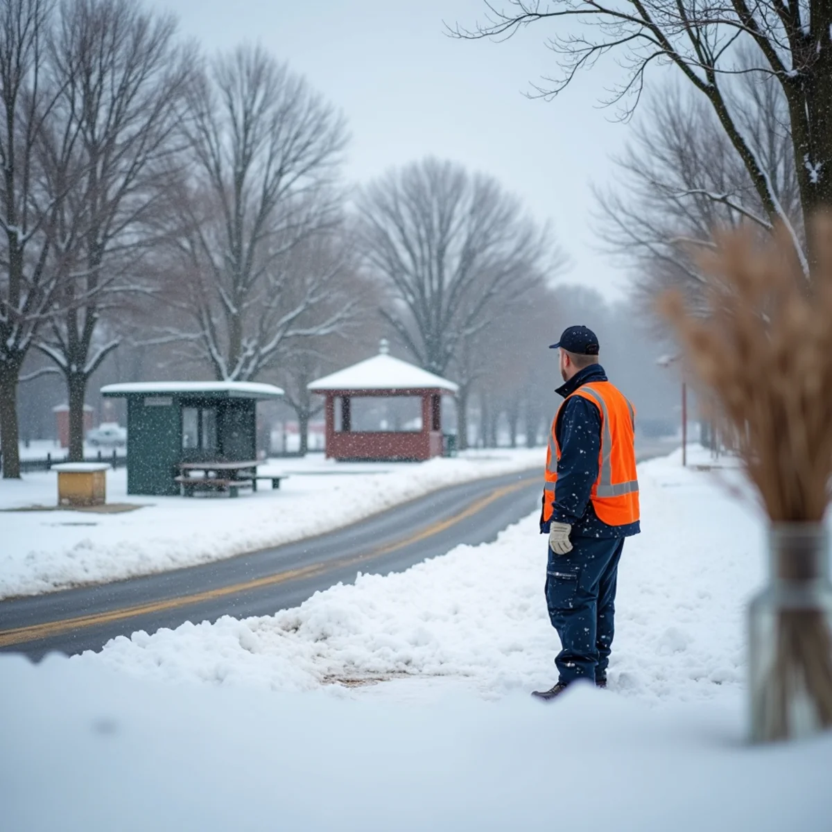Small borough park covered in fresh snow beside a quiet road