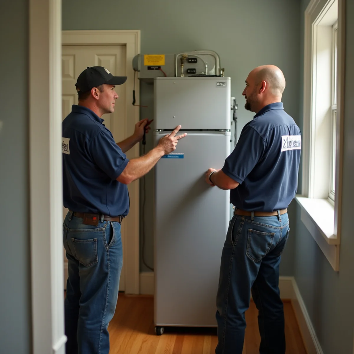 HVAC technician measuring room dimensions and reviewing a load calculation worksheet inside an older Quakertown home