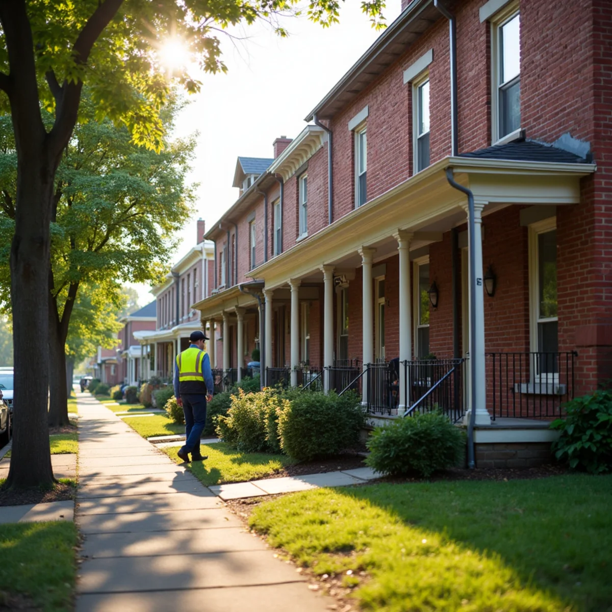 Brick twin houses with covered front porches along a narrow borough street with sidewalks and street trees