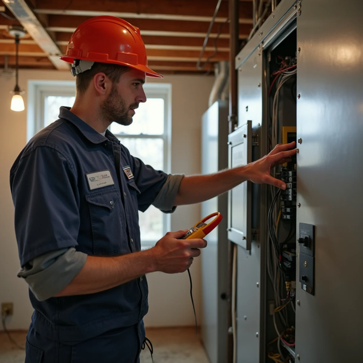 Technician checking a breaker panel next to an air handler in an older basement with exposed joists