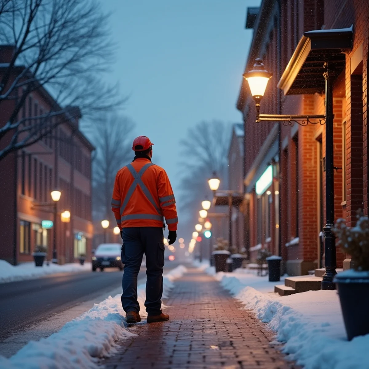 Light snow on a small-town brick main street at dusk with warm lit windows