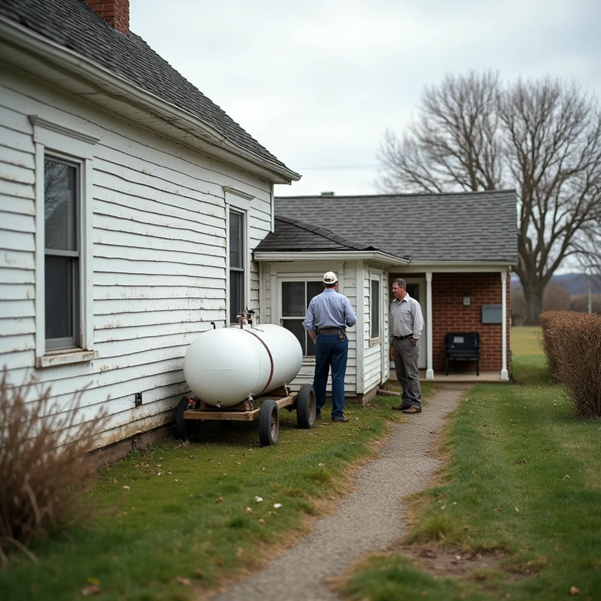 Older Bucks County farmhouse with shiplap and brick sides and a propane tank in the side yard