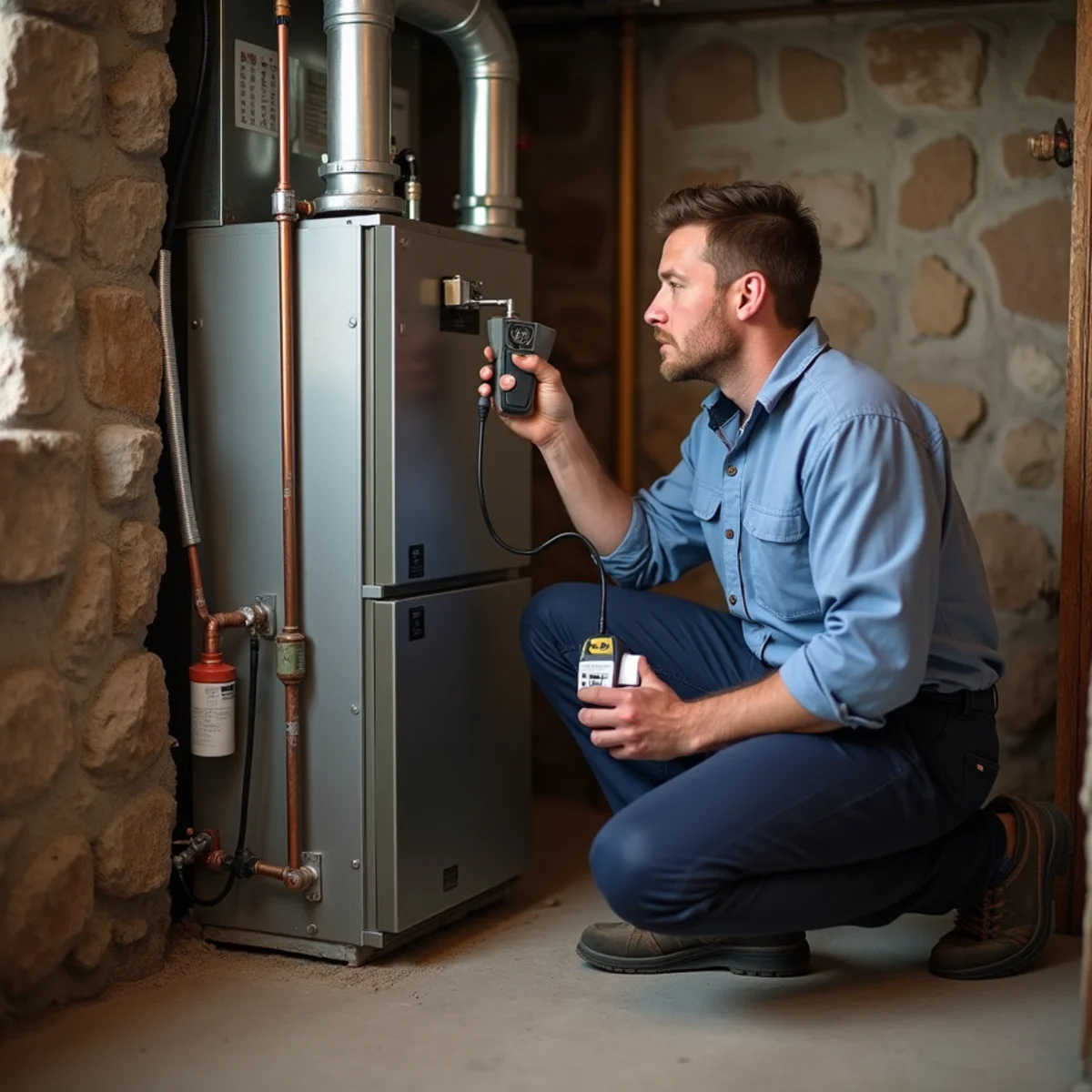 HVAC technician testing combustion on an oil-fired furnace in a farmhouse basement