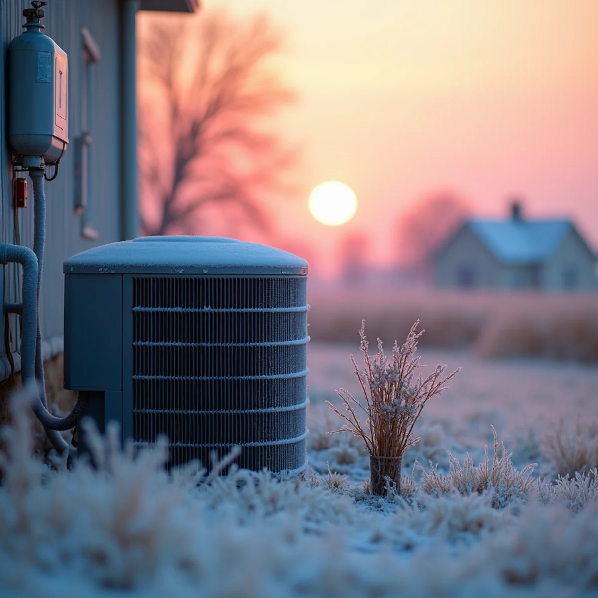 Frost on a heat pump outdoor unit and a propane tank beside a rural home at dawn