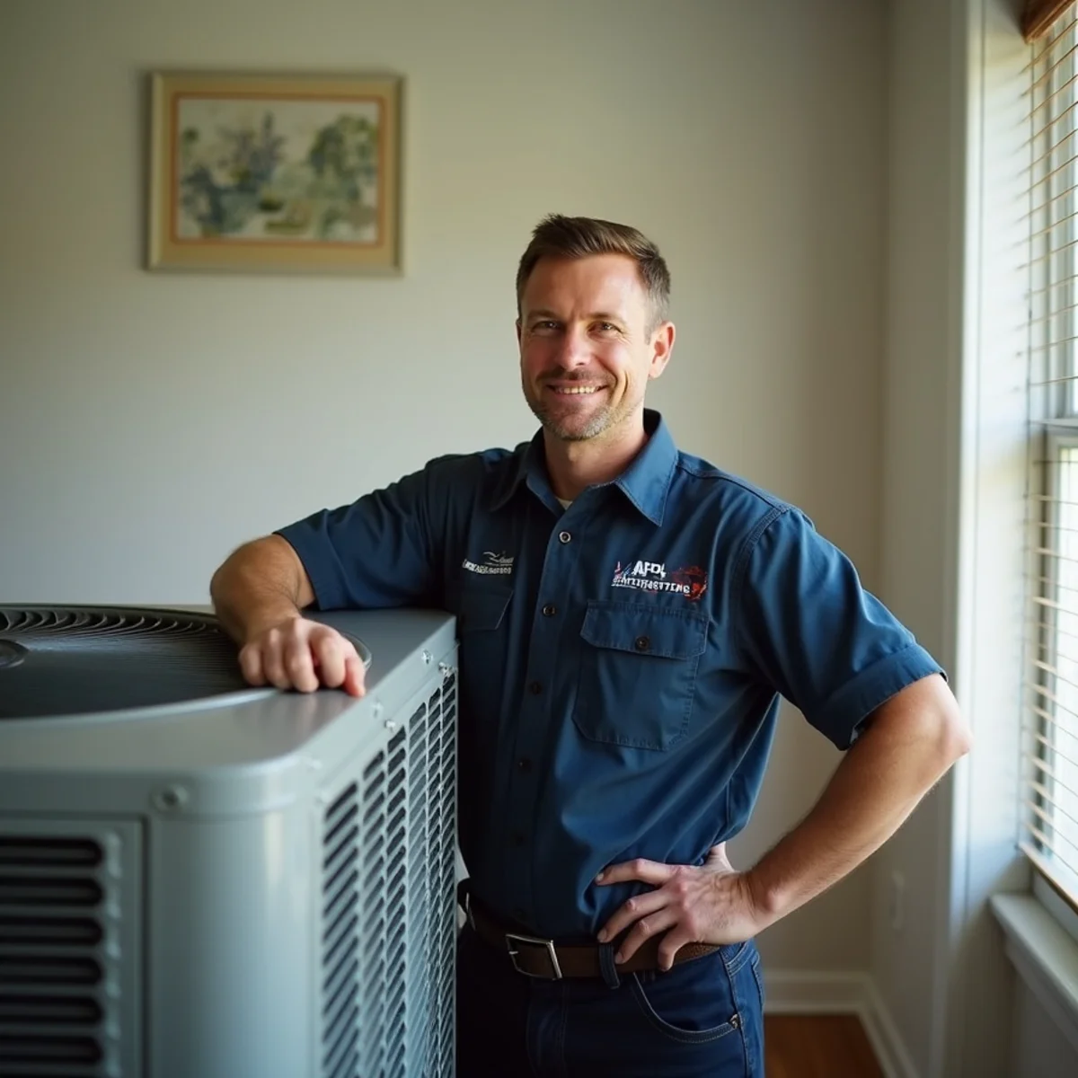 Technician checking refrigerant pressure gauges on an outdoor AC condenser unit at a home near Quakertown, PA in spring