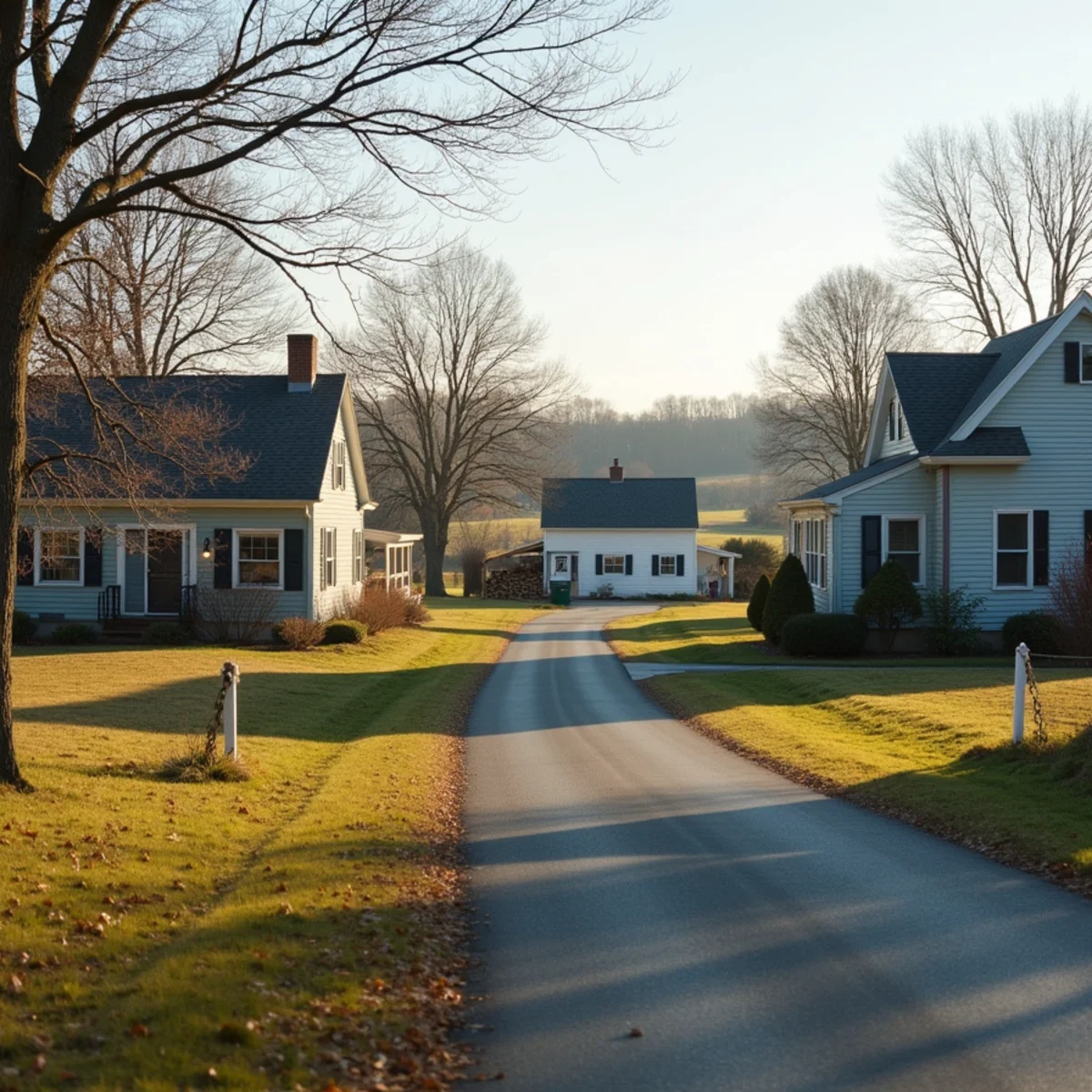 Detached older houses with an oil tank and woodpile along a rural road in northern Bucks County