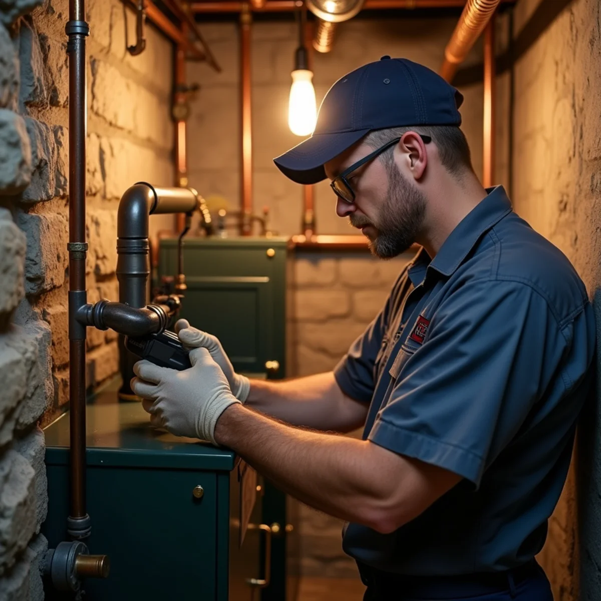 Technician servicing an oil-fired boiler in an older basement with a stone foundation wall