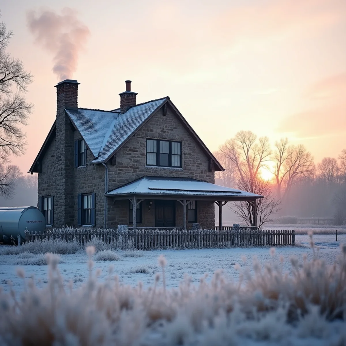 Stone farmhouse with a frosted yard and smoking chimney at winter dawn in rural Pennsylvania