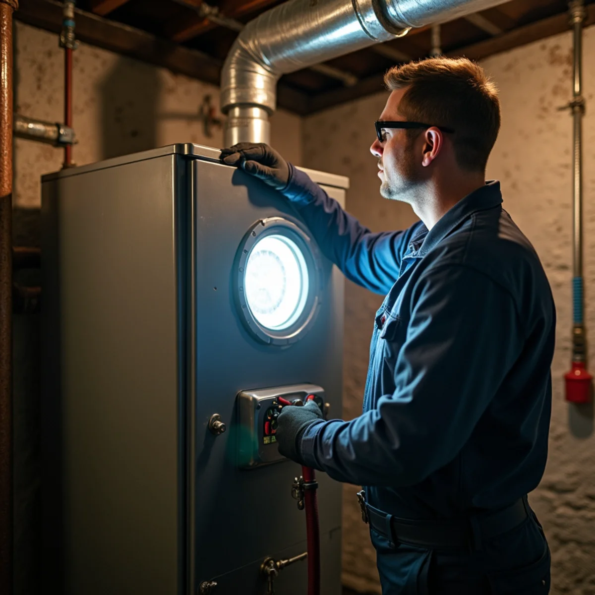 Technician working on valves and piping at a heating appliance