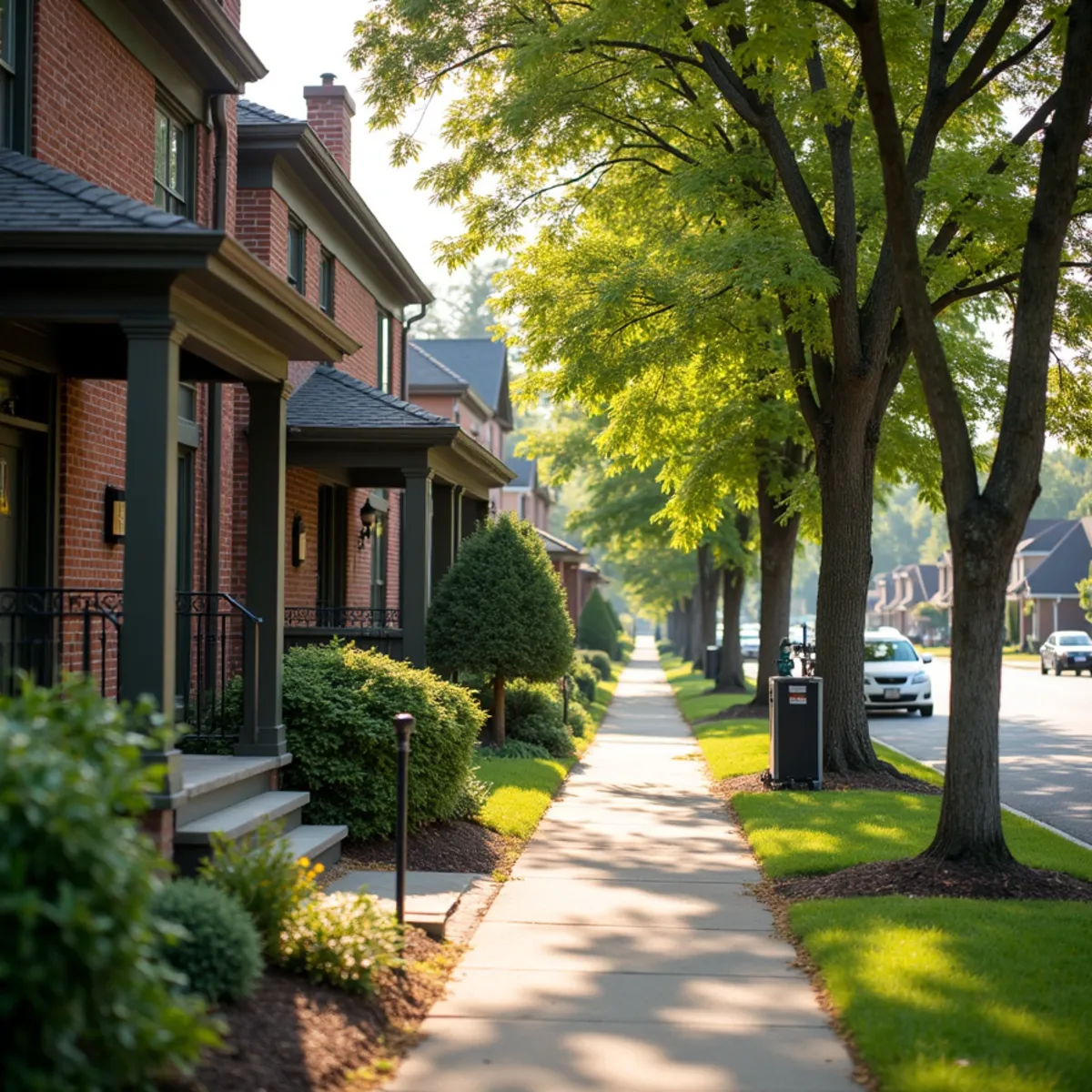 Early 20th-century brick cottages and Craftsman homes with front porches along a tree-lined sidewalk