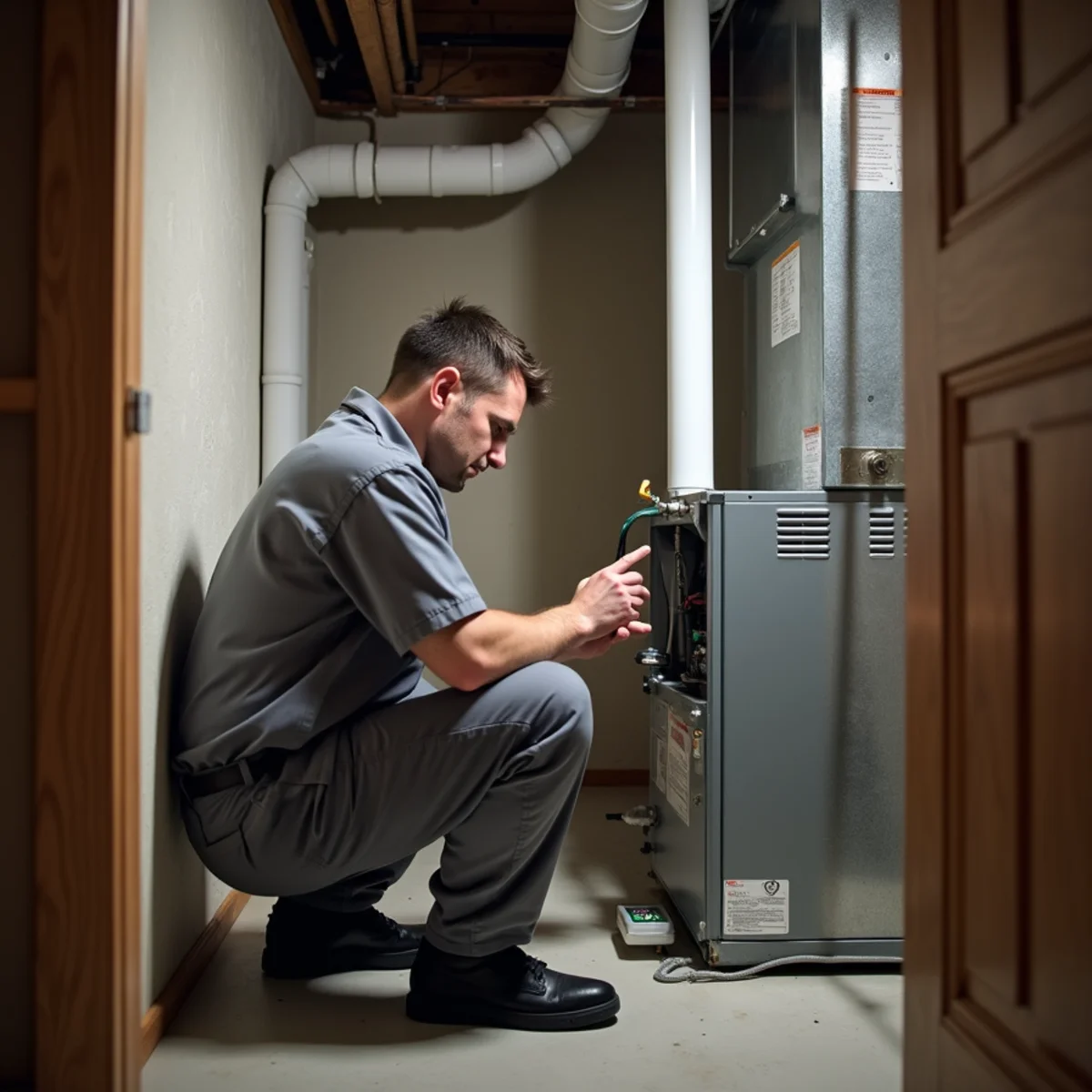 Technician servicing a compact high-efficiency furnace in a small mechanical closet