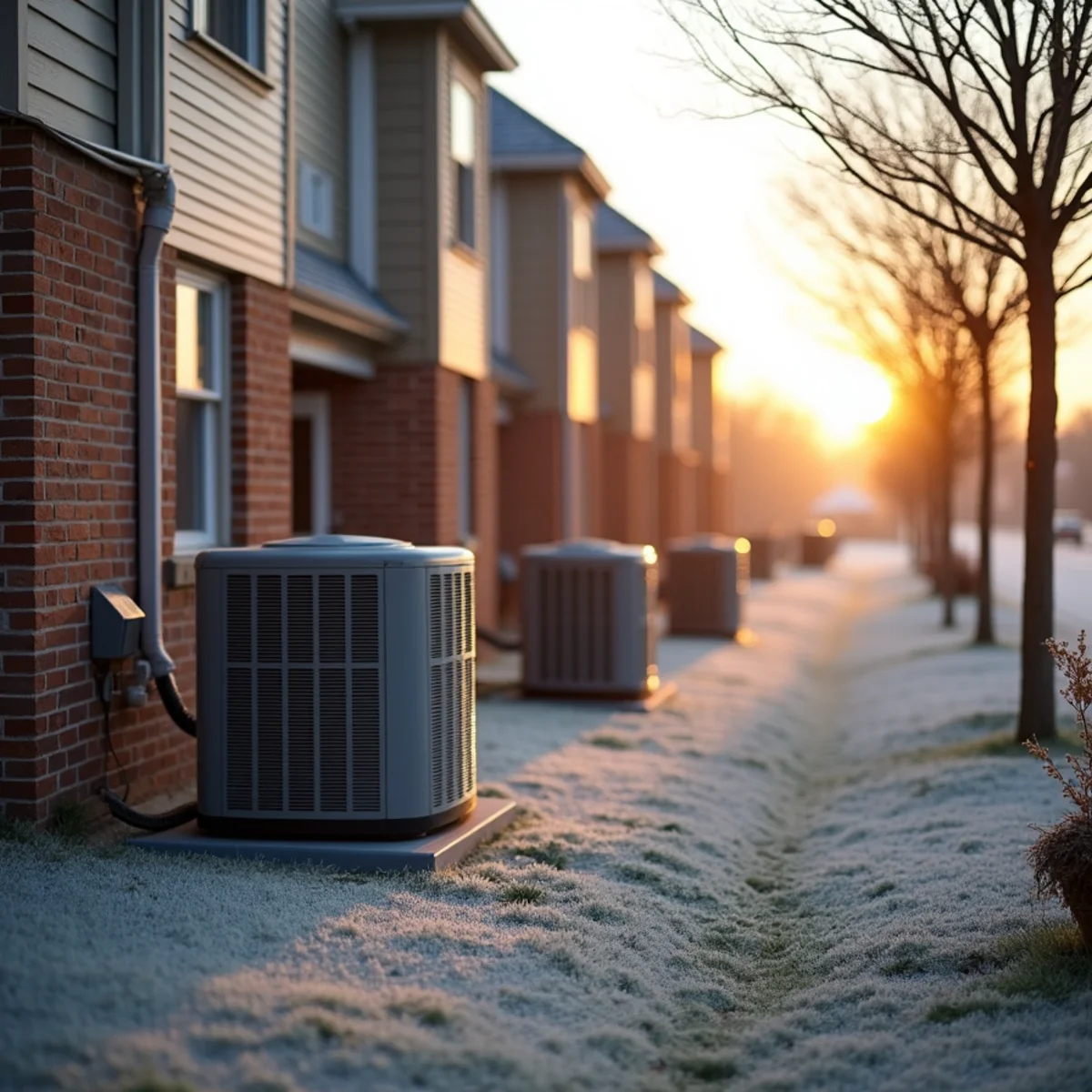 Outdoor condensers beside a row of newer townhomes with frost on the ground at dawn