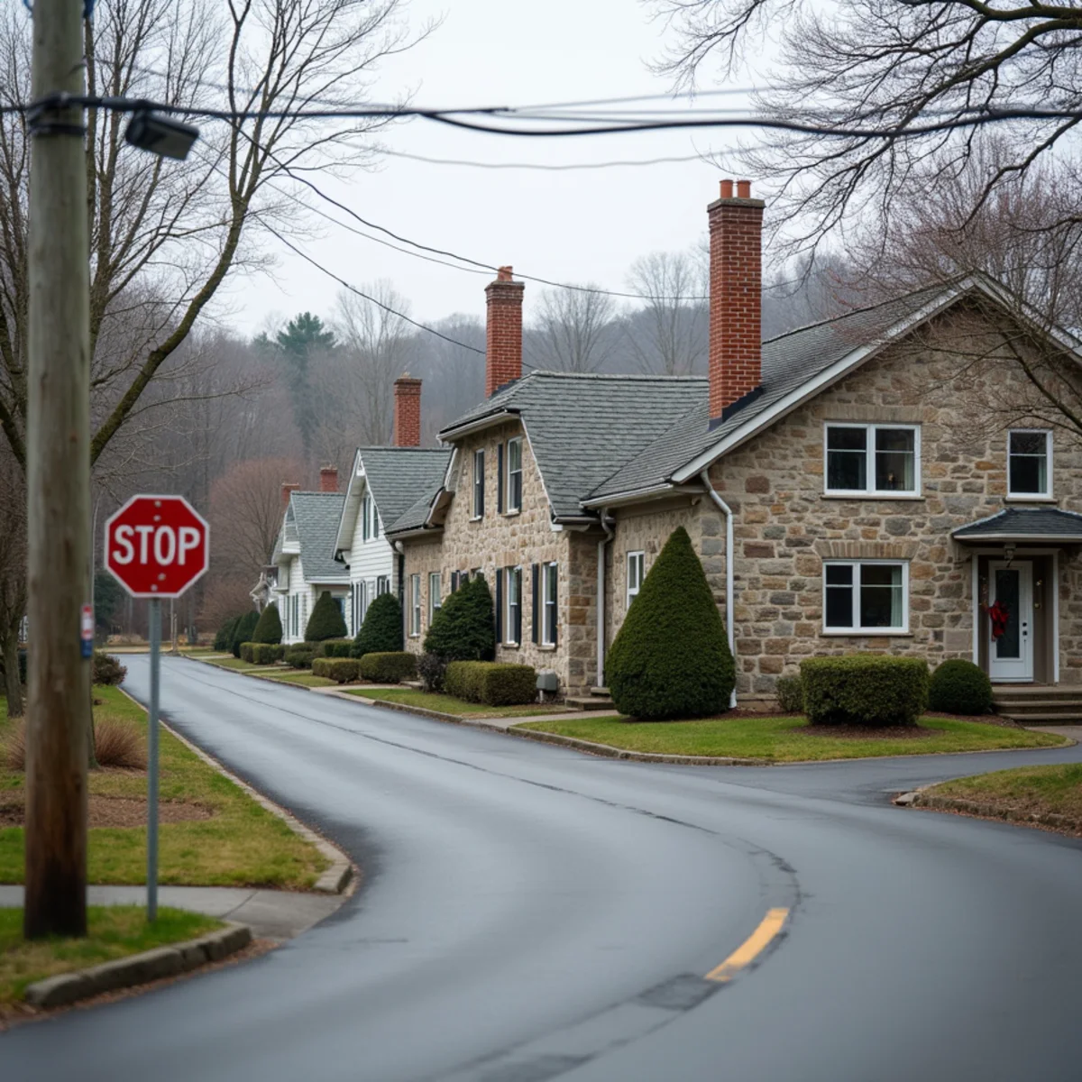 Older stone and frame houses close together at a small-borough crossroads