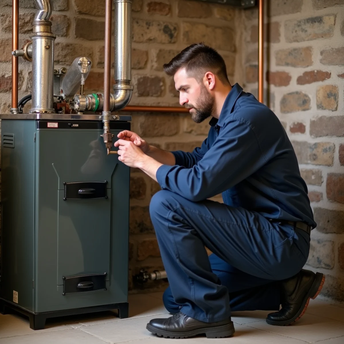 Technician bleeding a radiator beside a cast-iron boiler in a basement